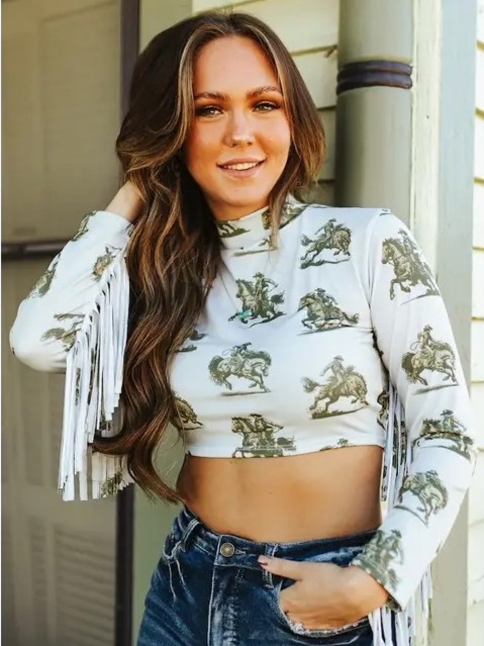 Fringe Sleeve Cropped Mock Neck Top in Cream with Western Print